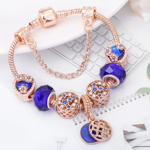 925 Blue Crystal Bead Themed Decorative Pendant Bracelet - Picture 2 of 5